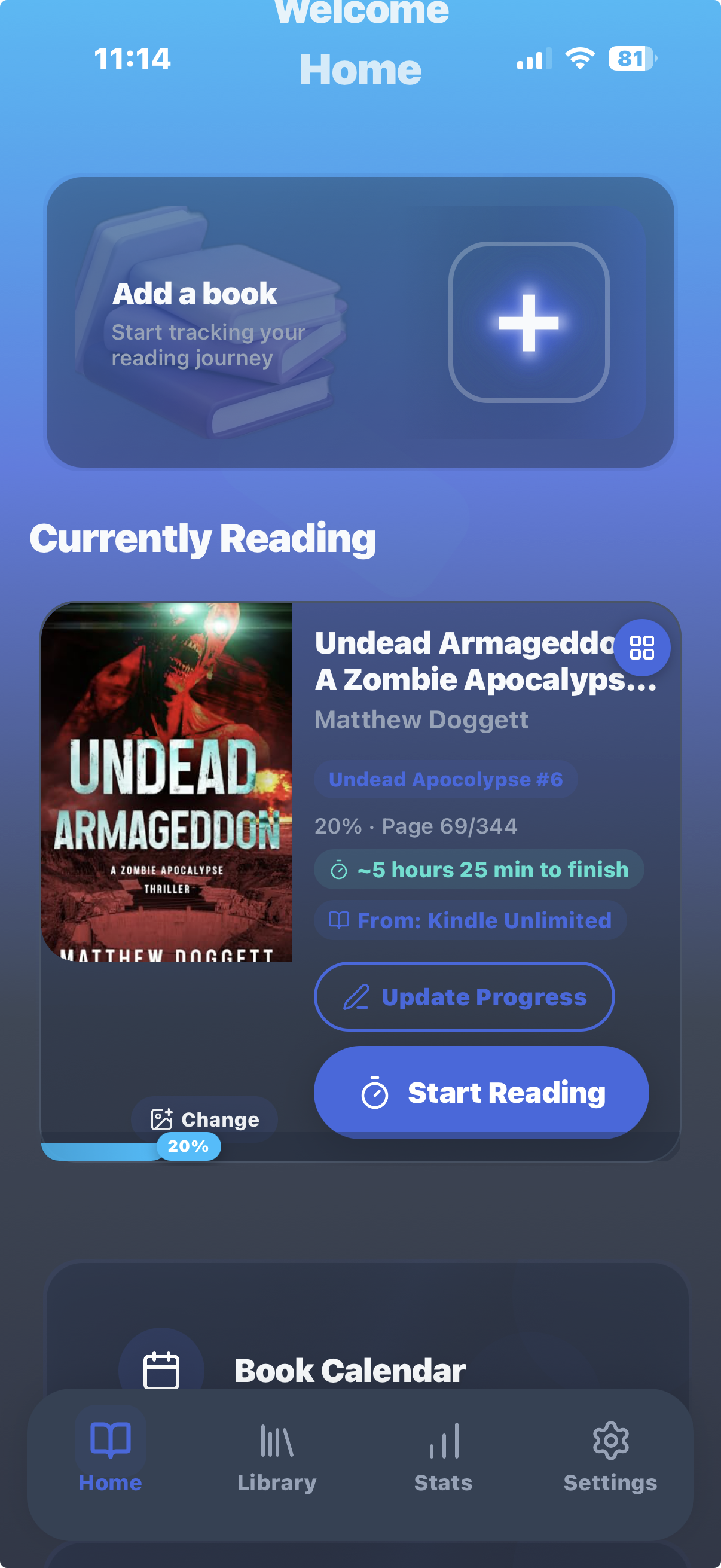 Reading Tracker Pro home screen showing the book currently being read with progress and time to finish