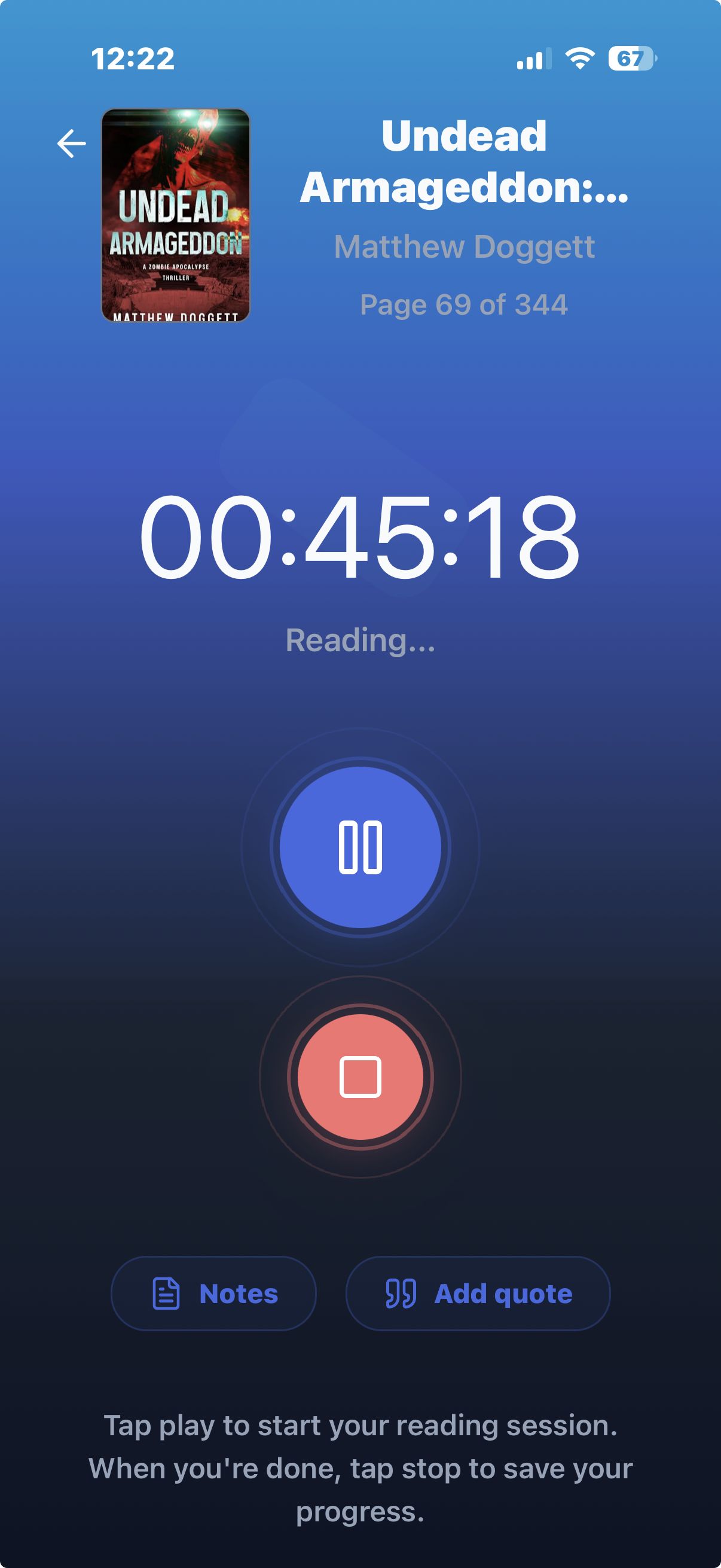 Reading Tracker Pro reading timer running at 45 minutes with pause and stop controls and buttons to add notes or a quote