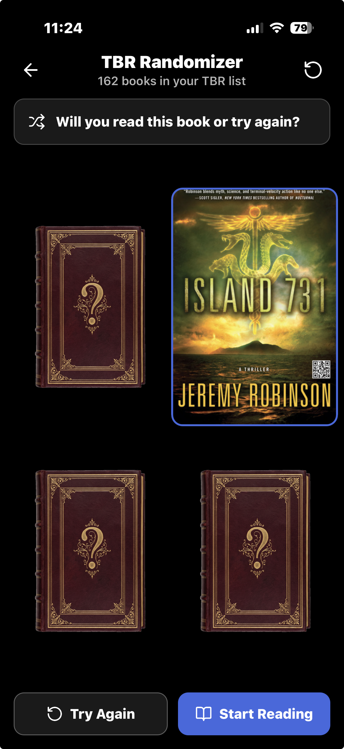 TBR Randomizer screen revealing the book Island 731 by Jeremy Robinson from a list of 162 to-be-read books, with Try Again and Start Reading buttons