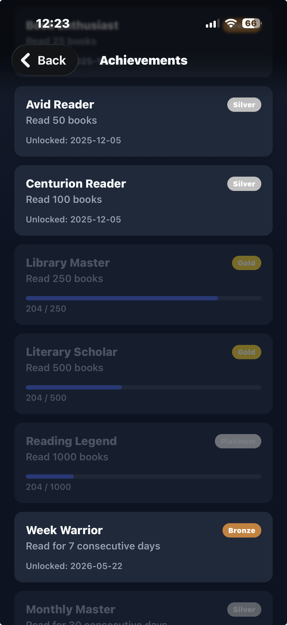 Achievements screen showing unlocked Avid Reader and Centurion Reader silver badges and in-progress Library Master and Literary Scholar gold badges
