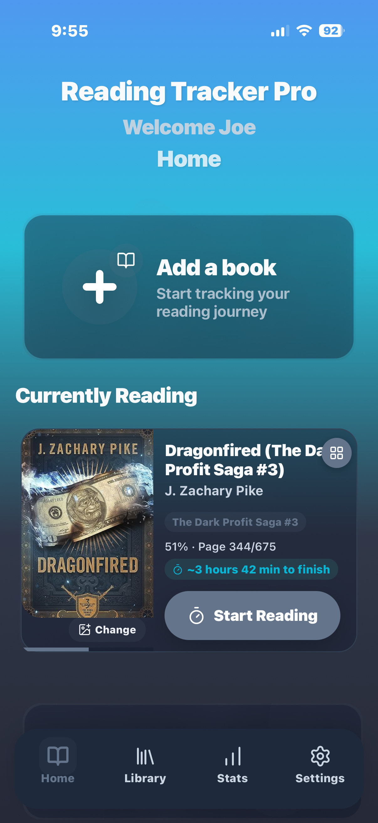 Reading Tracker Pro Home Screen